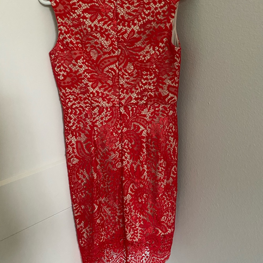 red and cream lace mid length dress